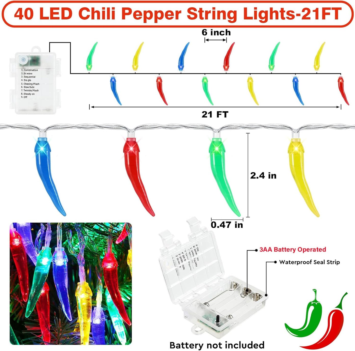 Chili Pepper String Lights, 40 LED 21Ft Chili Pepper Fairy Lights Battery Operated for Indoor Outdoor Garden Pool Birthday Mexican Party Wedding Christmas Summer Tropical Decor