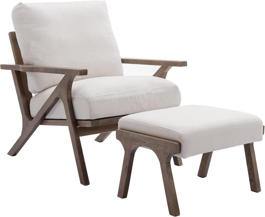 chairus Mid-Century Modern Accent Chair with Ottoman, Linen Fabric Armchair with Wood Legs Comfy Upholstered Single Sofa Chair for Living Room/Bedroom/Lounge, White