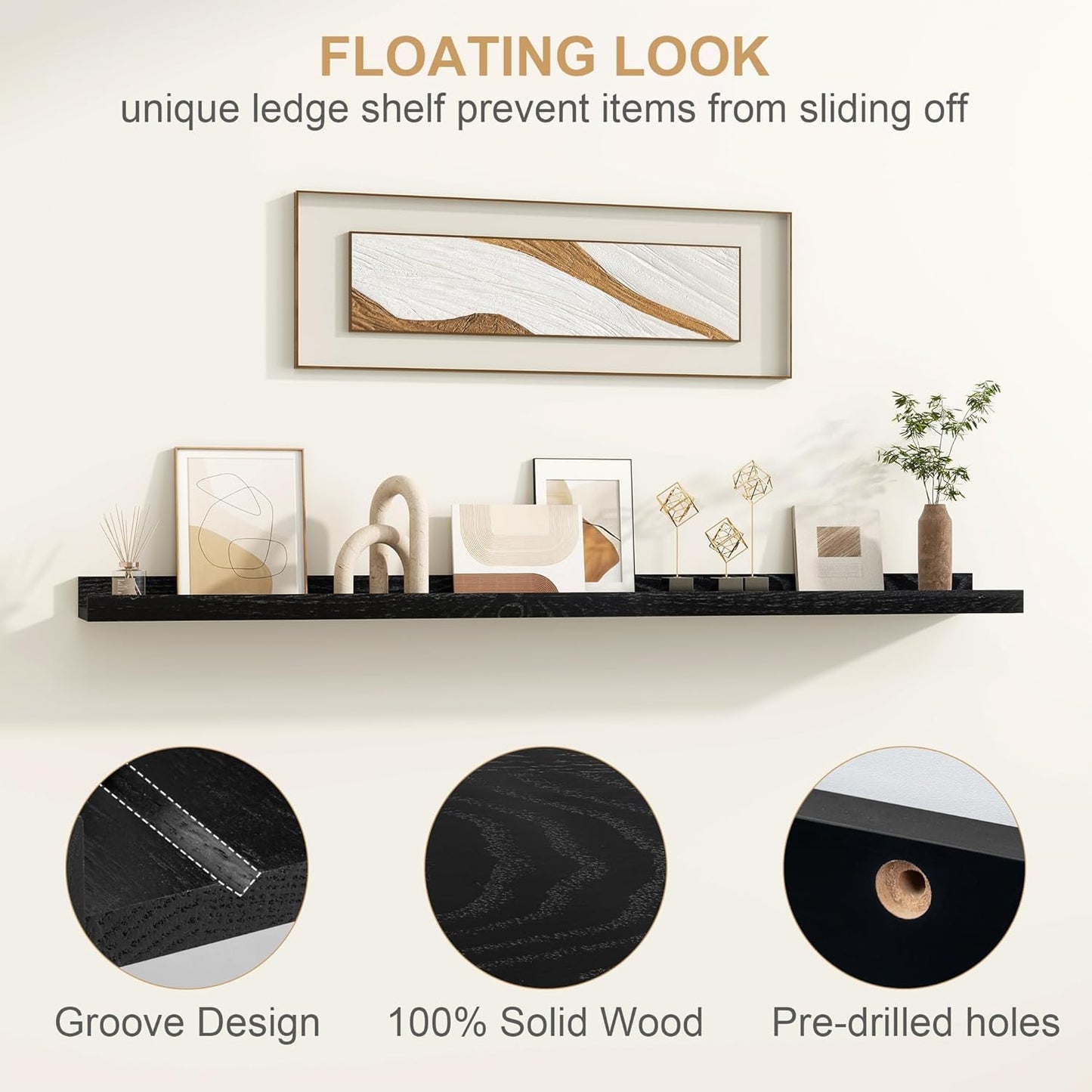 Floating Picture Ledge Shelves 24 Inch Solid Oak Wood Set of 2, Rustic Wall Storage Shelves with Lip, Kids Bookshelf, Photo & Picture Ledge Shelves for Bedroom, Living Room, Kitchen