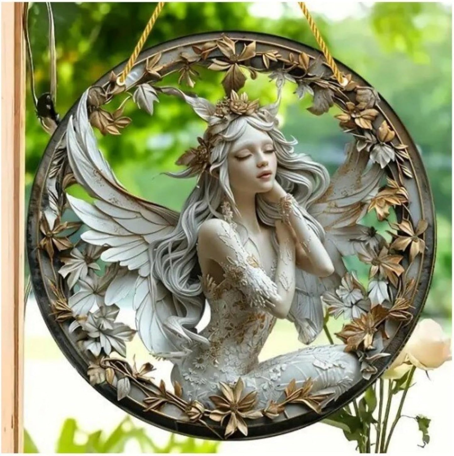 Flower Fairy Garden Decorations Angel Wing Christmas Halloween Deco Statue Art Elf Sculpture Hanging Craft for Outdoor Yard Courtyard Lawn Patio Window Acrylic Ornament Home Gift (C,S: 6*6 IN)