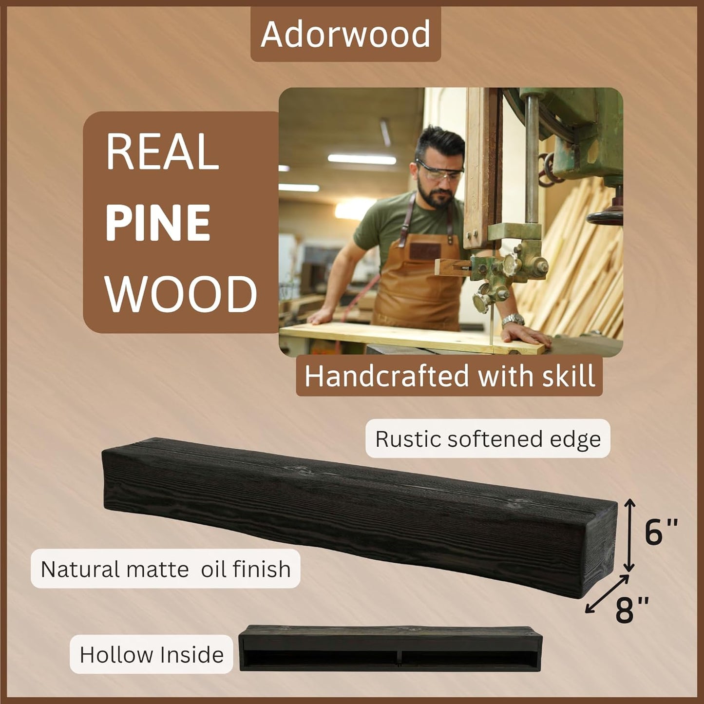 Handmade Fireplace Mantel Shelf 60", Extra Wide Rustic Wood Mantles for Over Fireplace, Wall Mounted Floating Mantel Shelves for Living Room Decor (Ebony, 60Lx6Hx8D)