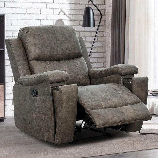 EBELLO Grey Recliner Chair, Single Overstuffed Sofa Recliners, Breathable Faux Leather Manual Reclining Chairs with Hidden Cup Holder, Arm and Back for Adults, Living Room, Bedroom, Grey