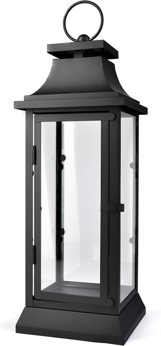 Serene Spaces Living Black Metal Hurricane Lantern with Clear Glass – 15" Tall, 5" Square. Versatile Hanging/Tabletop Candle Holder for Weddings, Parties, Indoor & Outdoor Home décor.