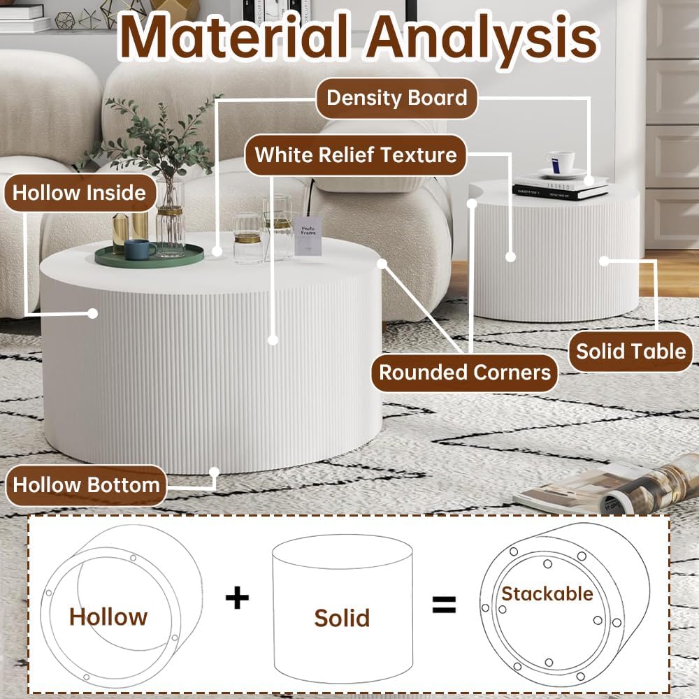 Round Nesting Coffee Table Set of 2 Modern Cream Fluted Coffee Table Small Round End Table Crescent Side Table Circular Coffee Tables Nested Coffee Tables for Living Room (Cream Large)