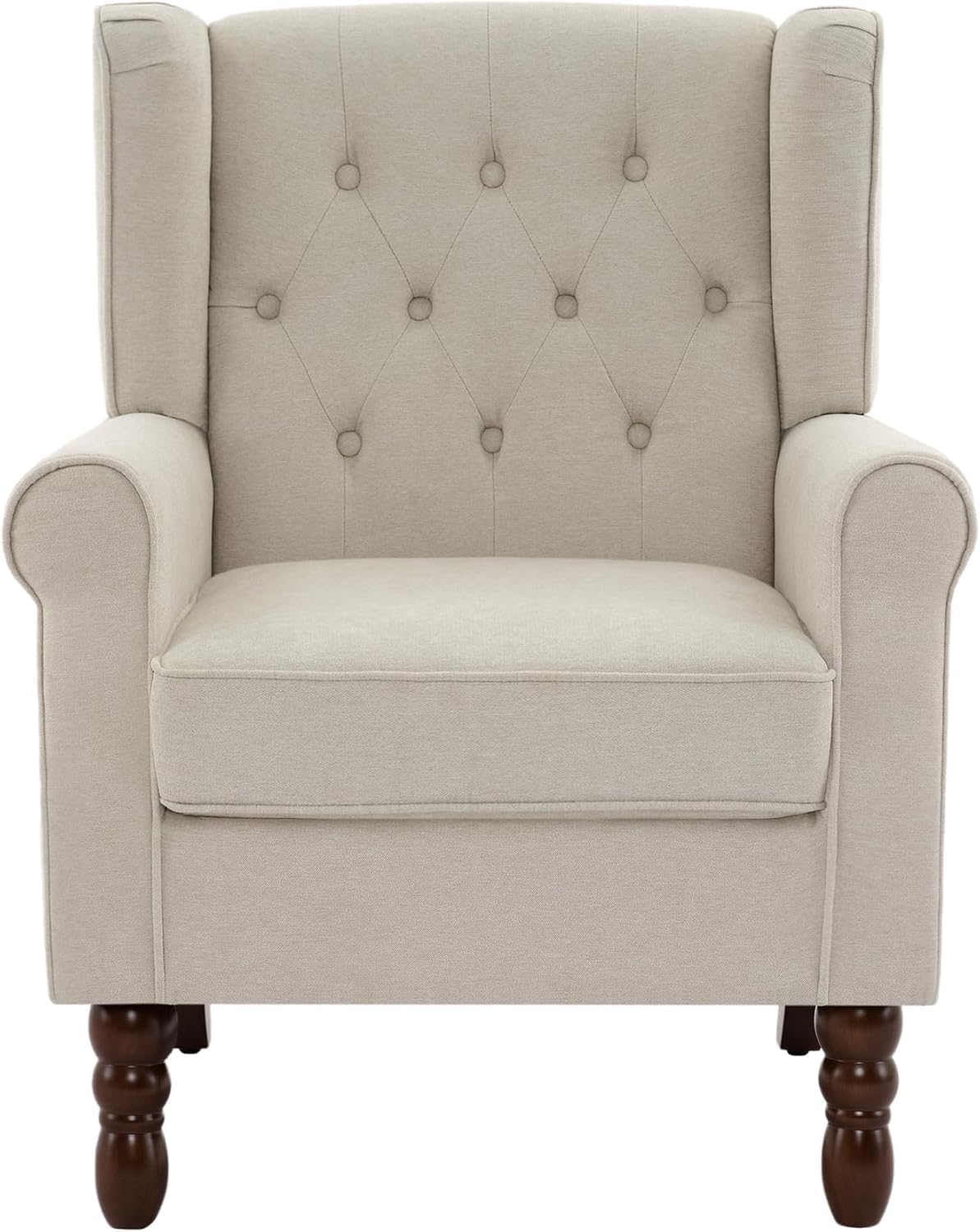UIXE High Back Accent Chairs Set of 2, Upholstered Armchair in Fabric for Living Room, Retro Wingback Arm Chair Comfy Single Sofa Bedroom Reading Seat with Solid Wood Legs - Beige