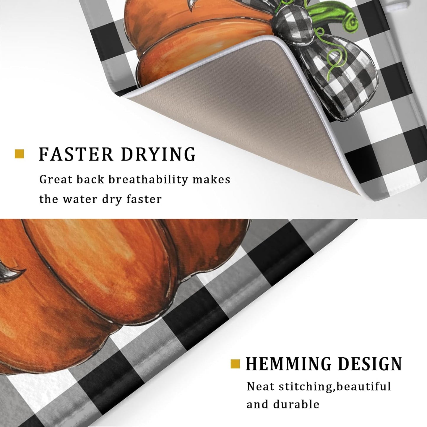 Fall Pumpkin Dish Drying Mat for Kitchen Counter Black White Buffalo Check Thanksgiving Super Absorbent Reversible Microfiber Kitchen Countertop Protector Dishes Pad Large 18x24 inch