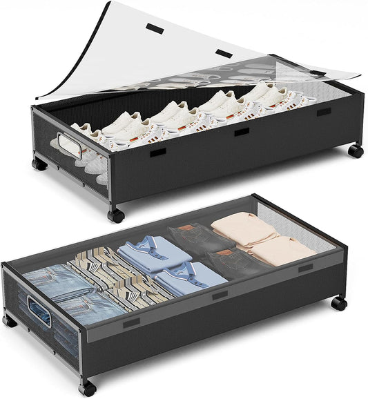 Under Bed Storage Containers with Wheels, 2 Pack Underbed Shoe Storage Organizer with Removable Lids, Large Rolling Under Bed Storage Dresser Drawers for Clothes Toys Shoes Blankets