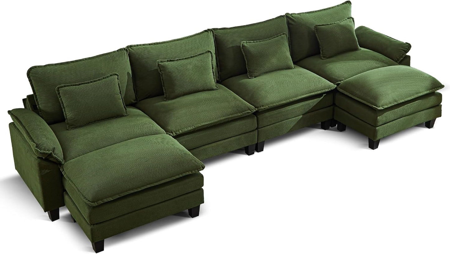 URRED Modular Sectional Sofa Comfy Cloud Couch, Modern Corduroy Sofa Sleeper Deep Seat Couches with Ottoman/Pillows for Living Room (Green, 154'' - U Shape)
