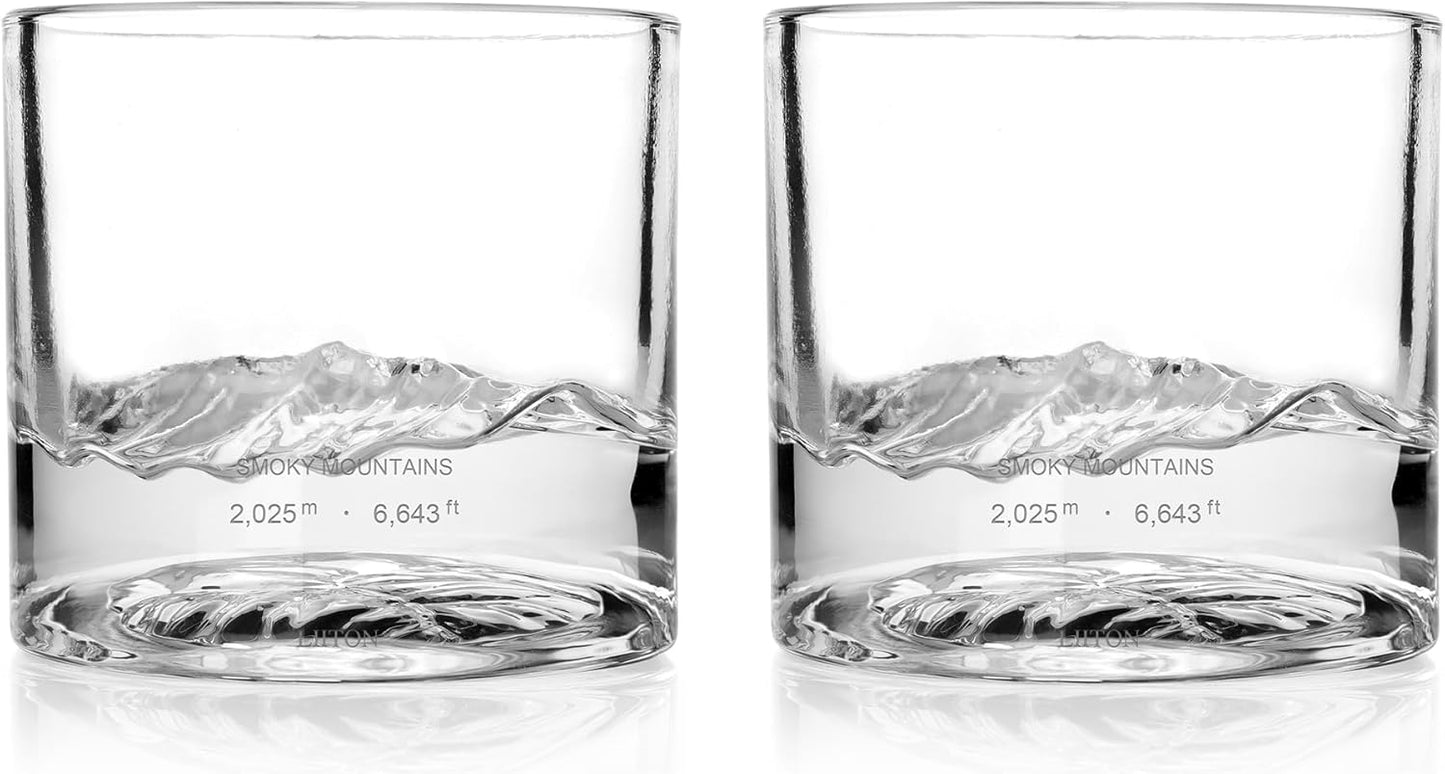 Smoky Mountain Heavy Crystal Whiskey Glasses Gift Set of 2, Thick Freezable Bourbon Glass 1lb Each, Premium Whiskey Gifts for Men, Frozen Crystal Chills Cocktails, 10 oz