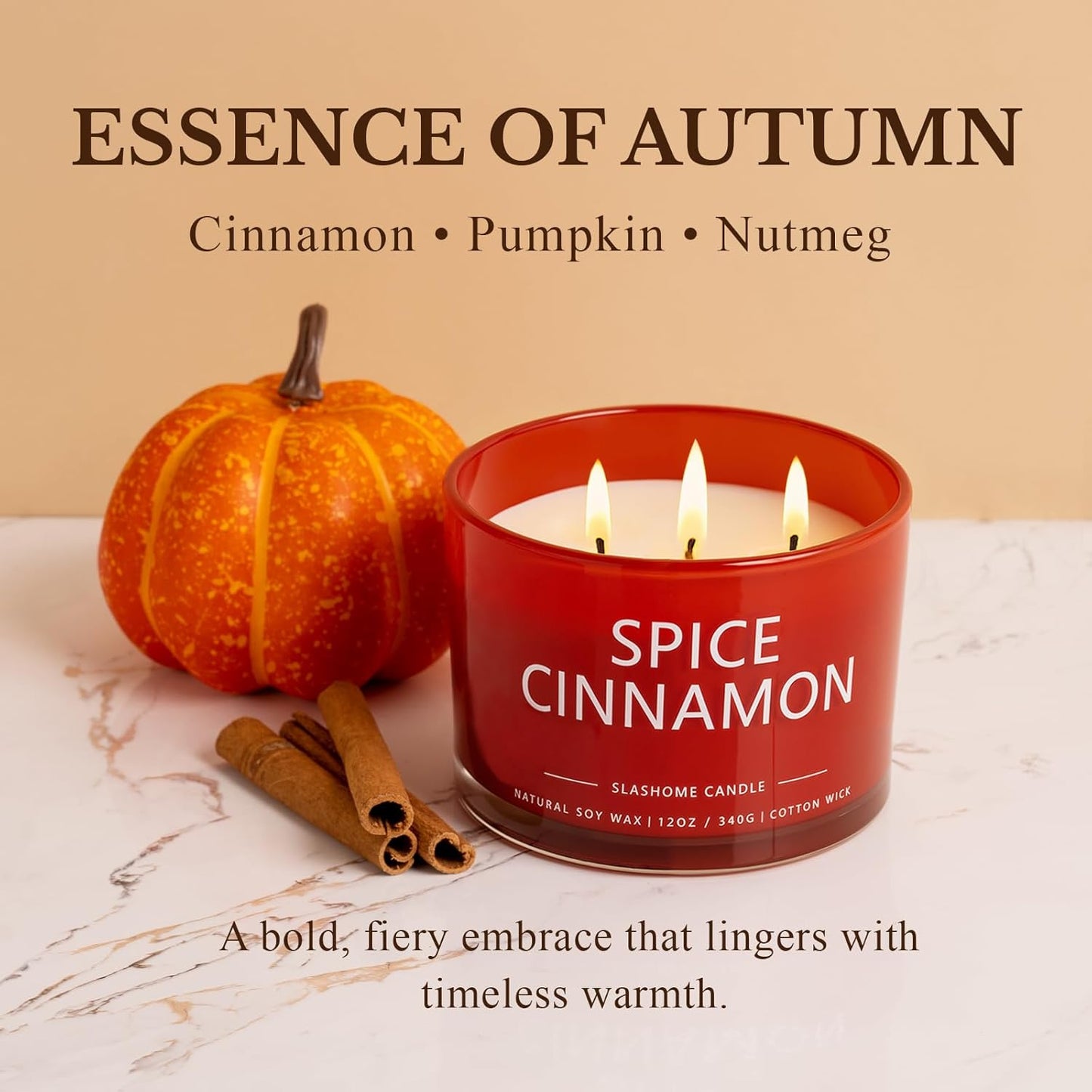 Cinnamon Spice Fall Candle, Large 3 Wick 12oz Luxury Candle, Elegant Autumn Gift for Women & Men, 60+ Hour Burn Time & Non-Toxic, Cozy Fall & Halloween Home Decor