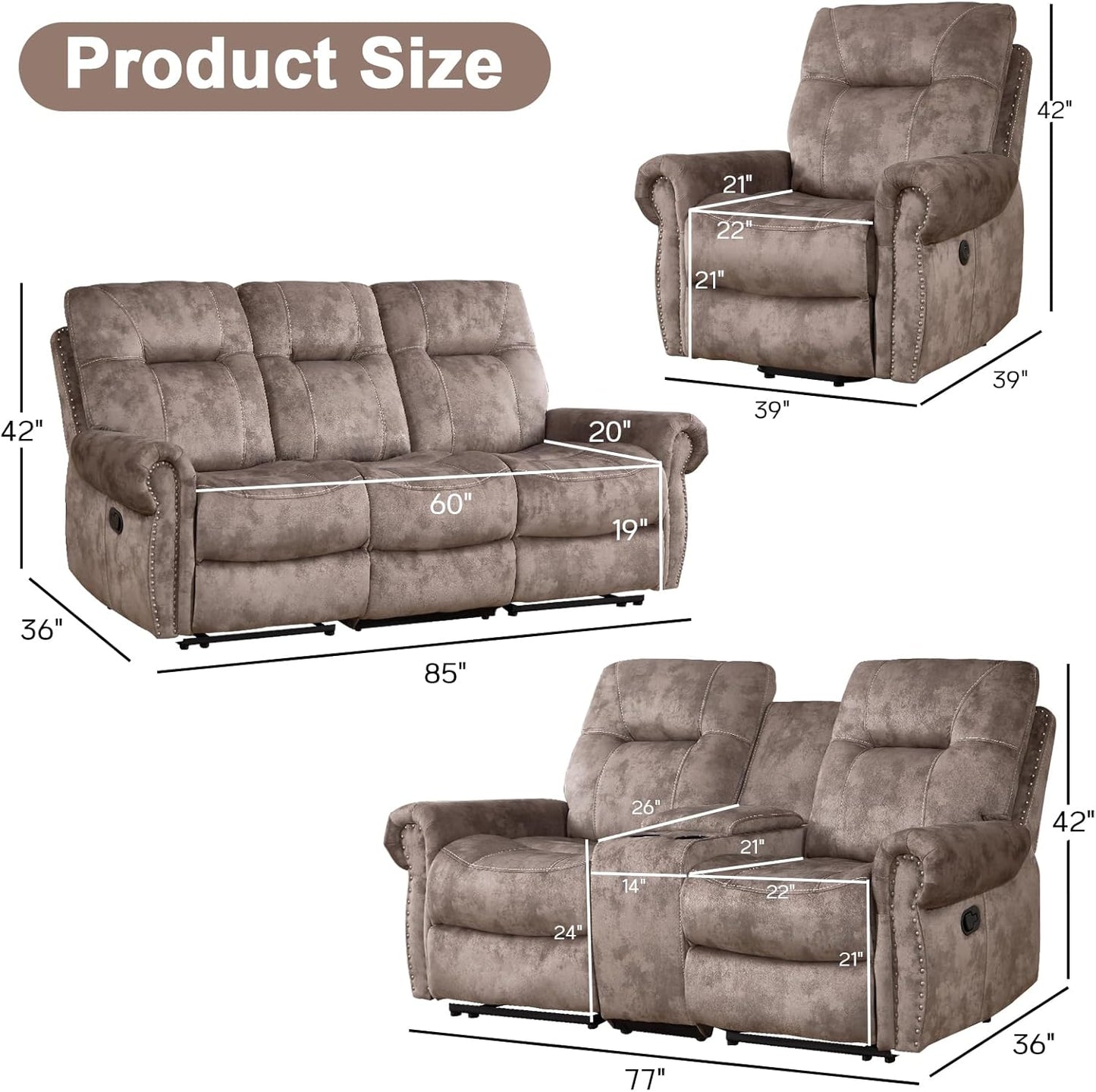 EBELLO Reclining Couch Sofa Furniture Set for Living Room,Vintage Rivet Mid-Century Design, Included 1 Seat Power Massage Recliner Chair, a Manual Loveseat, and a 3 Seater Manual Sofa, Brown