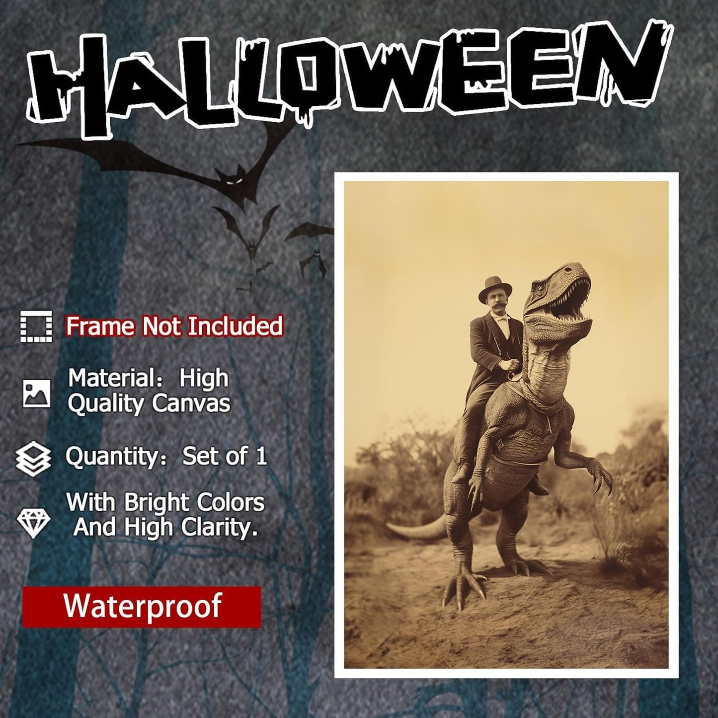 Goth Decor Antiqued Wicca Art Poster Dark Academy Dinosaur And Cowboy Canvas Wall Art Horror Posters Spooky Indoor Art Family Bedroom Office Space Decor 24X36inch Unframed