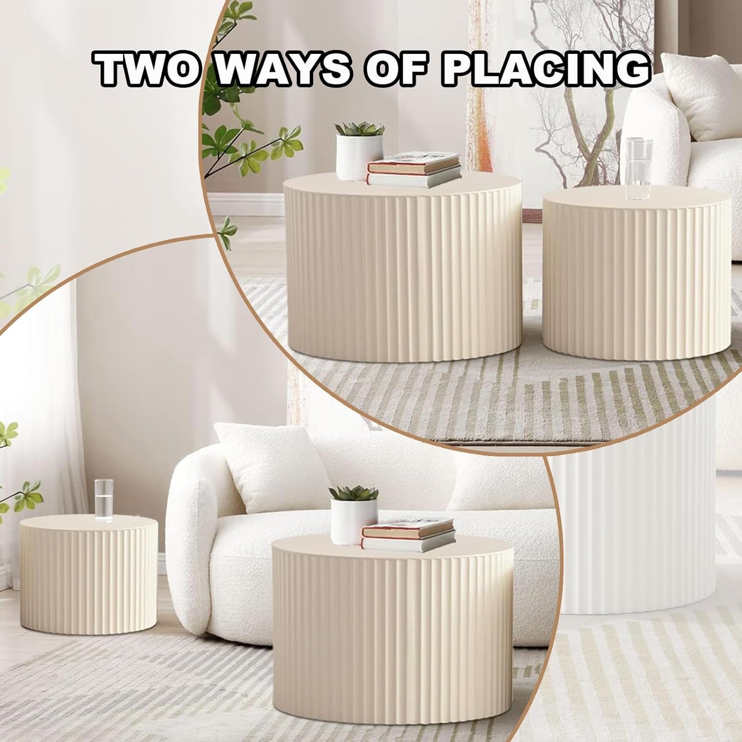 Round Nesting Coffee Table Set of 2, Modern Coffee and End Table Set Small Circle Wooden Drum Side Table Accent End Tables for Living Room Office, No Assembly,Cream Small