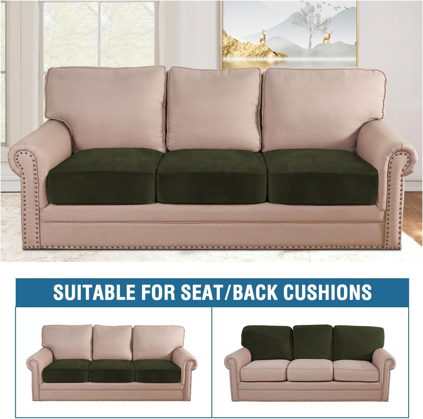 H.VERSAILTEX Velvet Stretch Couch Cushion Cover Plush Cushion Slipcover for Chair Loveseat Sofa Cushion Furniture Protector Seat Cushion Sofa Cover (3 Piece Sofa Cushion Covers, Olive)