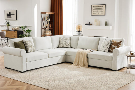 L Shaped Sectional Sofa with Detachable Sofa Cover,Rolled Armrest,Sectional Modular Couch for Living Room,Breathable Linen Fabric Corner Couch with 7 Seats for Apartment,Removable Cushion,Ivory