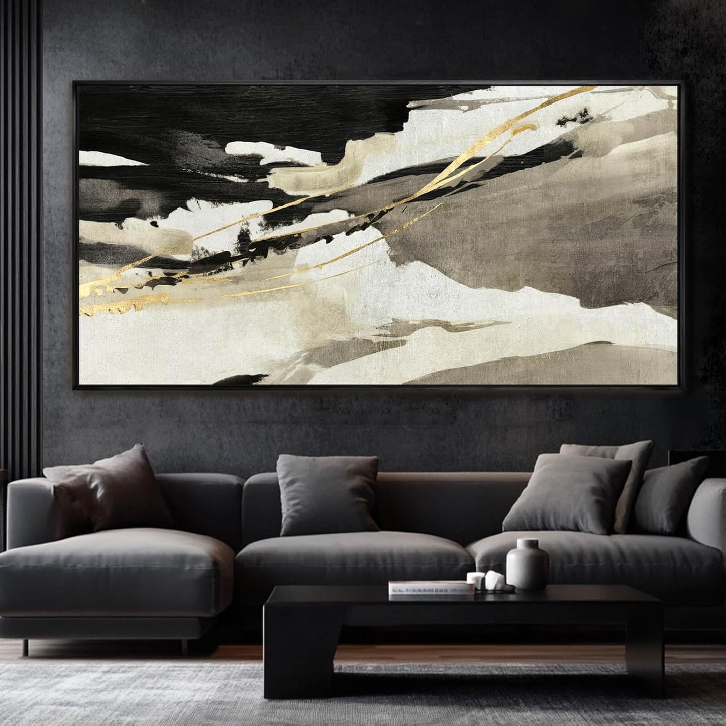 Black Gold Abstract Wall Art White Wall Decorations Canvas Art for Living Room Contemporary Painting Wall Decor Framed Pictures 29"x58"