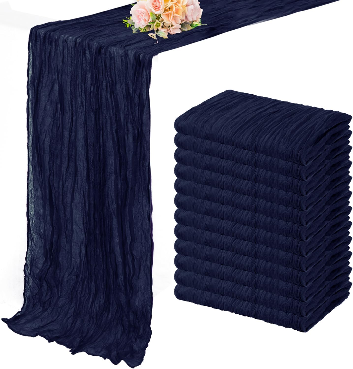 12 Pack Navy Blue Cheesecloth Table Runner 10FT Boho Fabric Rustic Cheese Cloth Table Runner for Wedding Bridal Shower Baby Shower Gauze Sheer Birthday Party Table Decorations 20 x 120 Inch Long
