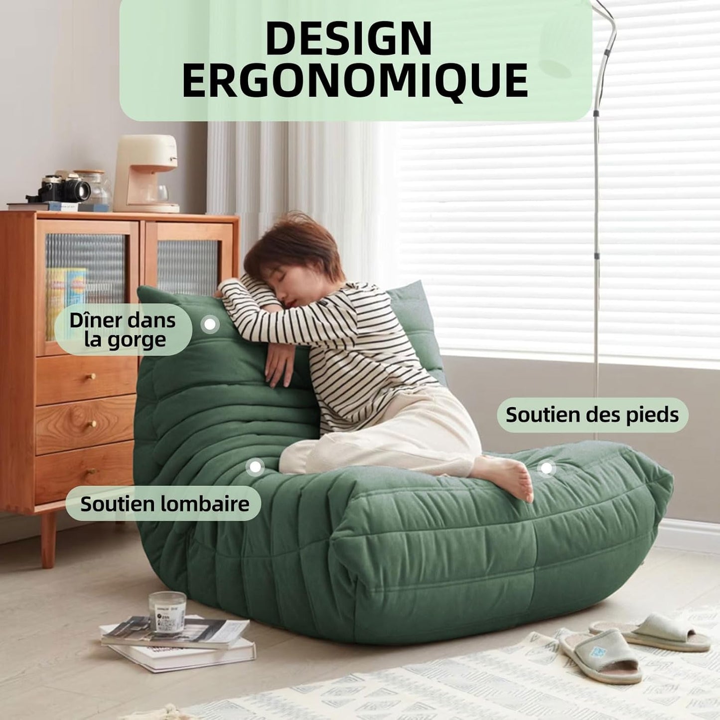 Modern Living Room Chair, Big Bean Bag Adult Floor Sofa, Togo Recliner Memory Foam Lazy Couch Suitable Balcony for Fireside Chair (Green)