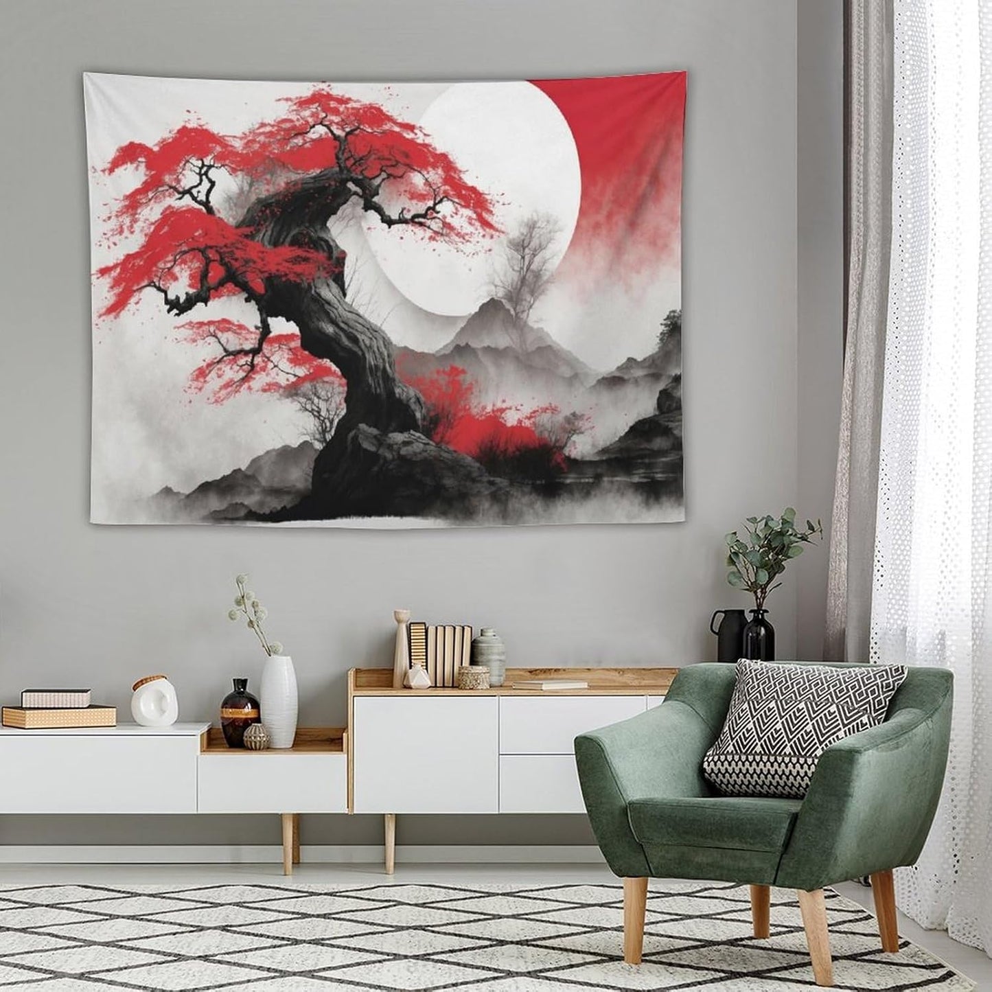 Cherry Blossoms Tapestry,Japanese Red Landscape Asian Watercolor Abstract Art Tapestry,Japanese Wall Tapestry, Nature Landscape Tapestries for Bedroom Living Room Decor 80"x60"