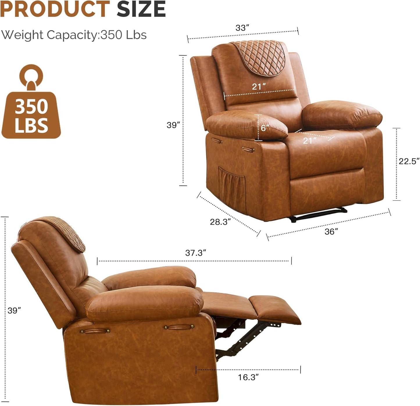 Recliner Chair with Electric Massage Adjustable Footrest & Heat, Manual Leather Recline for Adults Living Room Remote Control (Chestnut Brown)