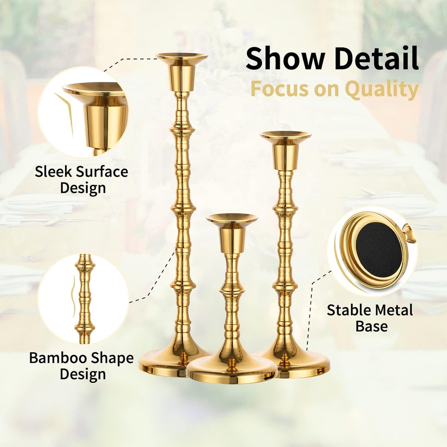 Nuptio Brass Candlestick Holders for Centerpiece: Set of 3 Gold Taper Candle Stick Holders for Home Dining Table Fireplace Decor