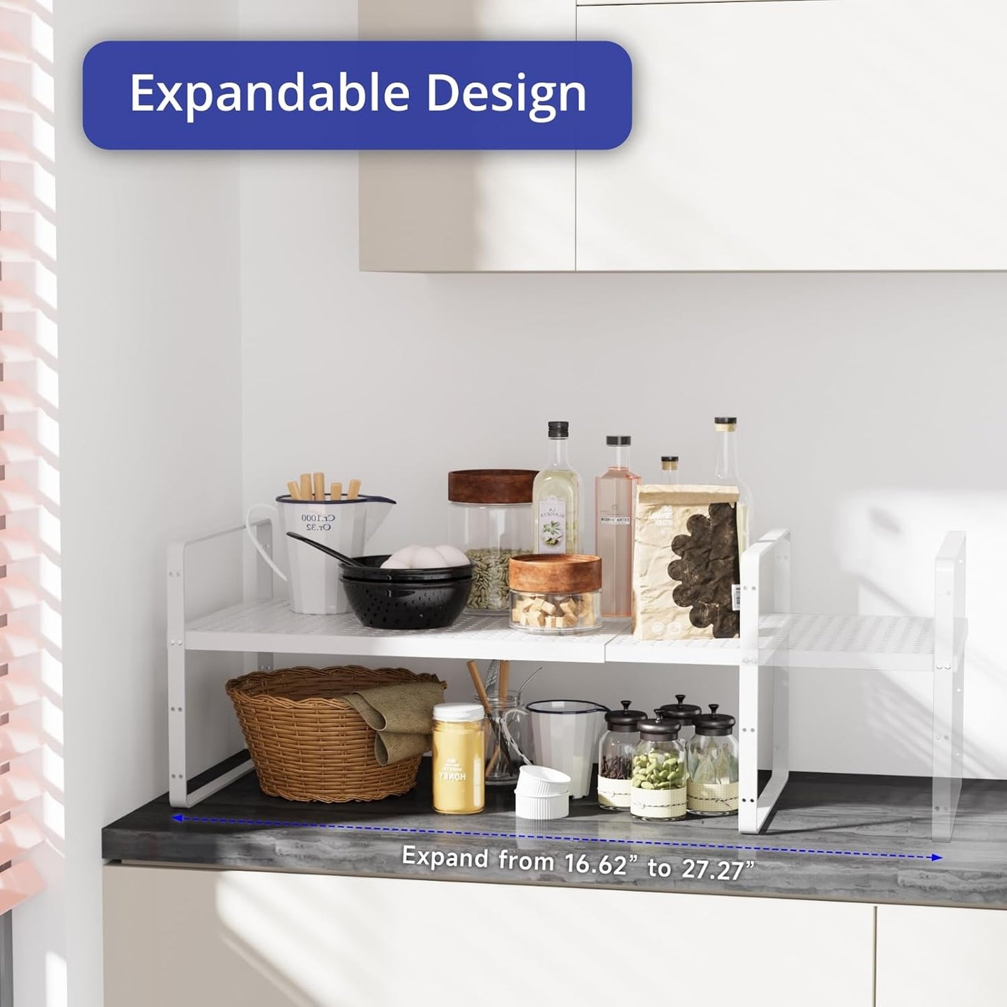 Expandable Kitchen Shelf Organizers, Kitchen Cabinet Organizer Stand Rack Organization for Countertop Cupborad Pantry, White 3 Pack