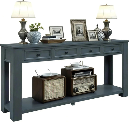 Solid Wood Console Table, Long Sofa Table Entryway Table with 4 Drawers and Bottom Shelf for Hallway Living Room Couch Table,Fully Assembled (63" Navy)
