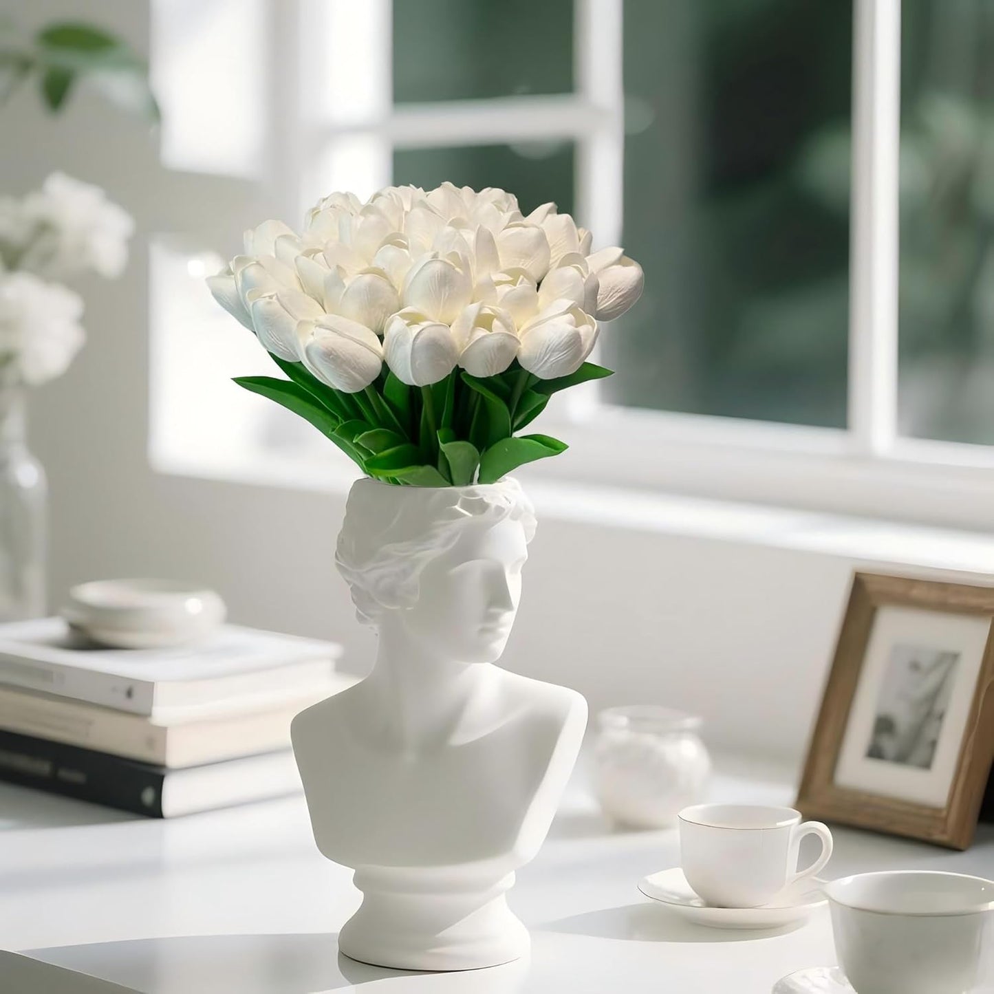 15pcs White Tulips PU Artificial Flowers Real Touch Fake Tulips for Spring Easter Home Kitchen Wedding Bouquet Bulk Mother's Gift Day Decorations