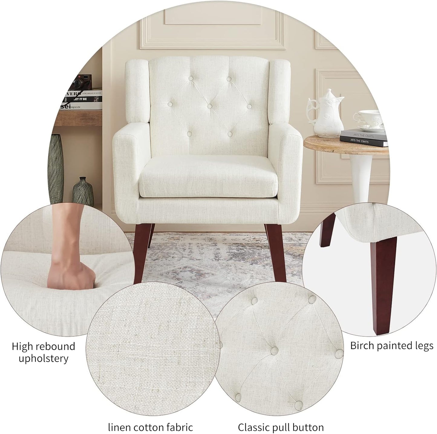 Accent Chair Button-Tufted Upholstered Living Room Chairs Comfy Reading Chair Mid Century Modern Chair with Linen Fabric Lounge Arm Chairs for Living Room Bedroom (Beige Set of 2)