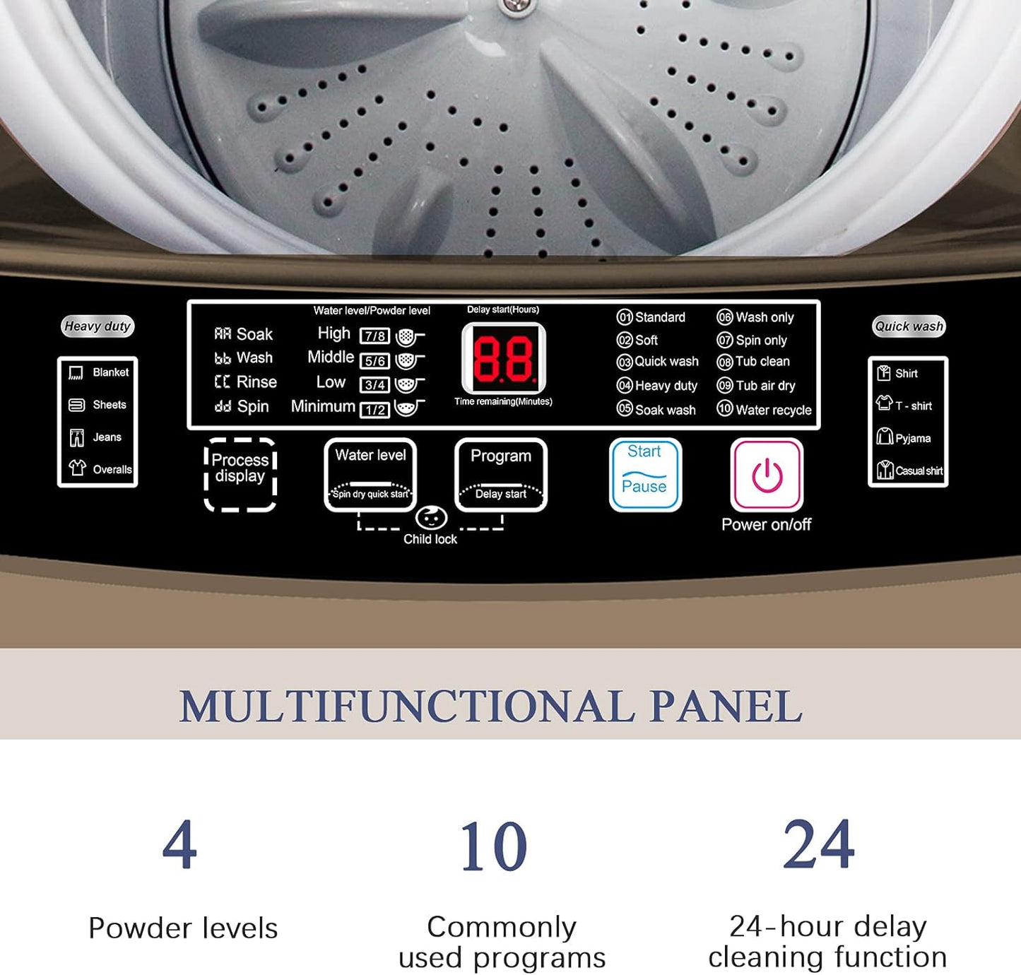 Full Automatic Washing Machine with LED Display, 17.7 lbs Portable Washer Drain Pump, 10 Programs & 8 Water Levels Selections, Ideal for RV, Camping, Apartment, Dorm, Gold