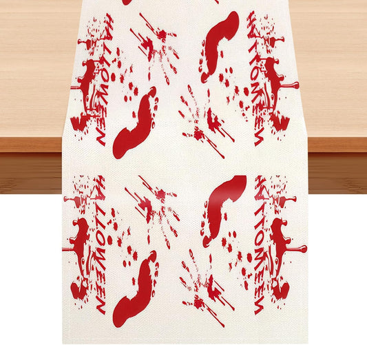 Halloween Table Runner 13 x 36 Inch, Linen Table Runner, Kitchen Dining Table Decorations, Halloween Table Decorations, Terrifying Red Blood Footprints Table Runner for Home Room Party Decor