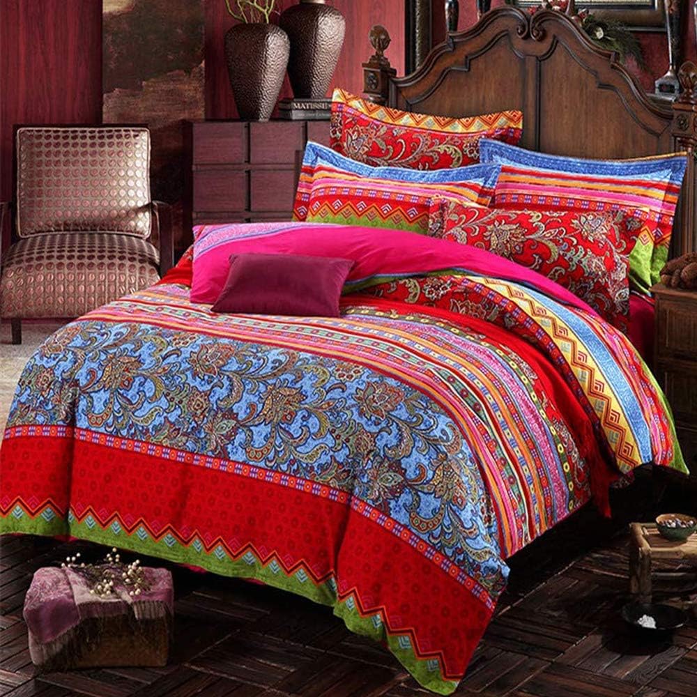 ABREEZE Bohemian Duvet Cover Set Colorful Red Boho Retro Bedding Set Damask Paisley Cotton Duvet Cover Tribal Reversible Bedding Exotic Style Comforter Cover 3-Piece Queen