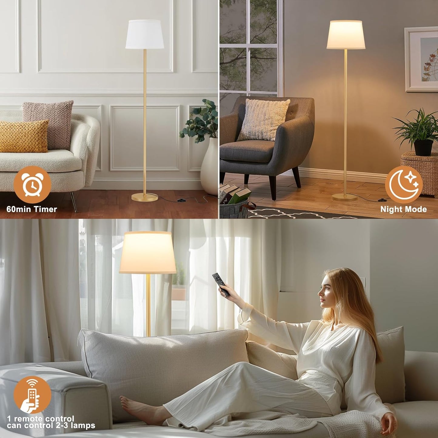 Floor Lamps for Living Room - Modern Gold Floor Lamp with Remote Control, Dimmable Colors Temperature Standing Lamp with LED Bulbs, Tall Lamp for Bedroom Office Kid Room - Brass Gold