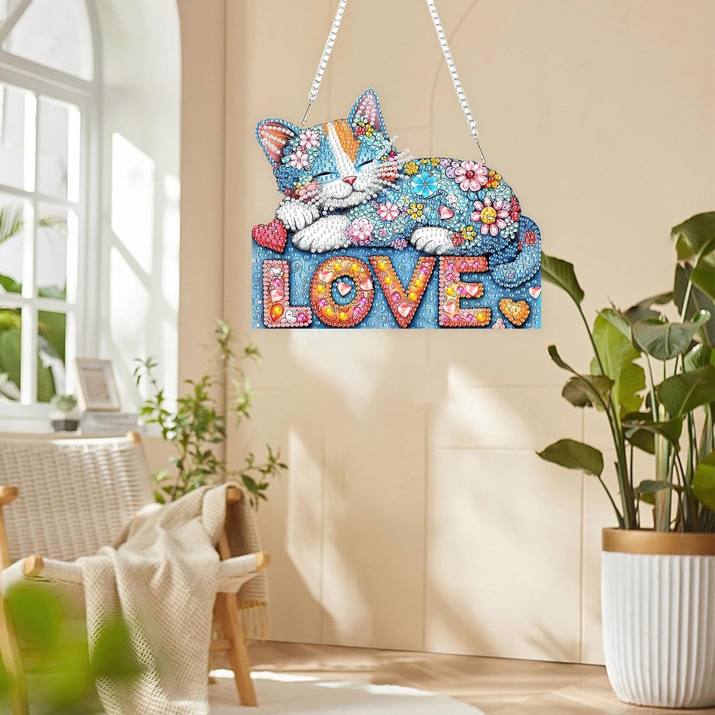 Lxmsja DIY Colorful Cat Diamond Painting Hanging Ornament, Double-Sided Acrylic Love Hearts Diamond Art Kit, Special Shaped Drill Pendant Window Art Kit, Suncatcher Hanging Craft Decoration 7×8 inch