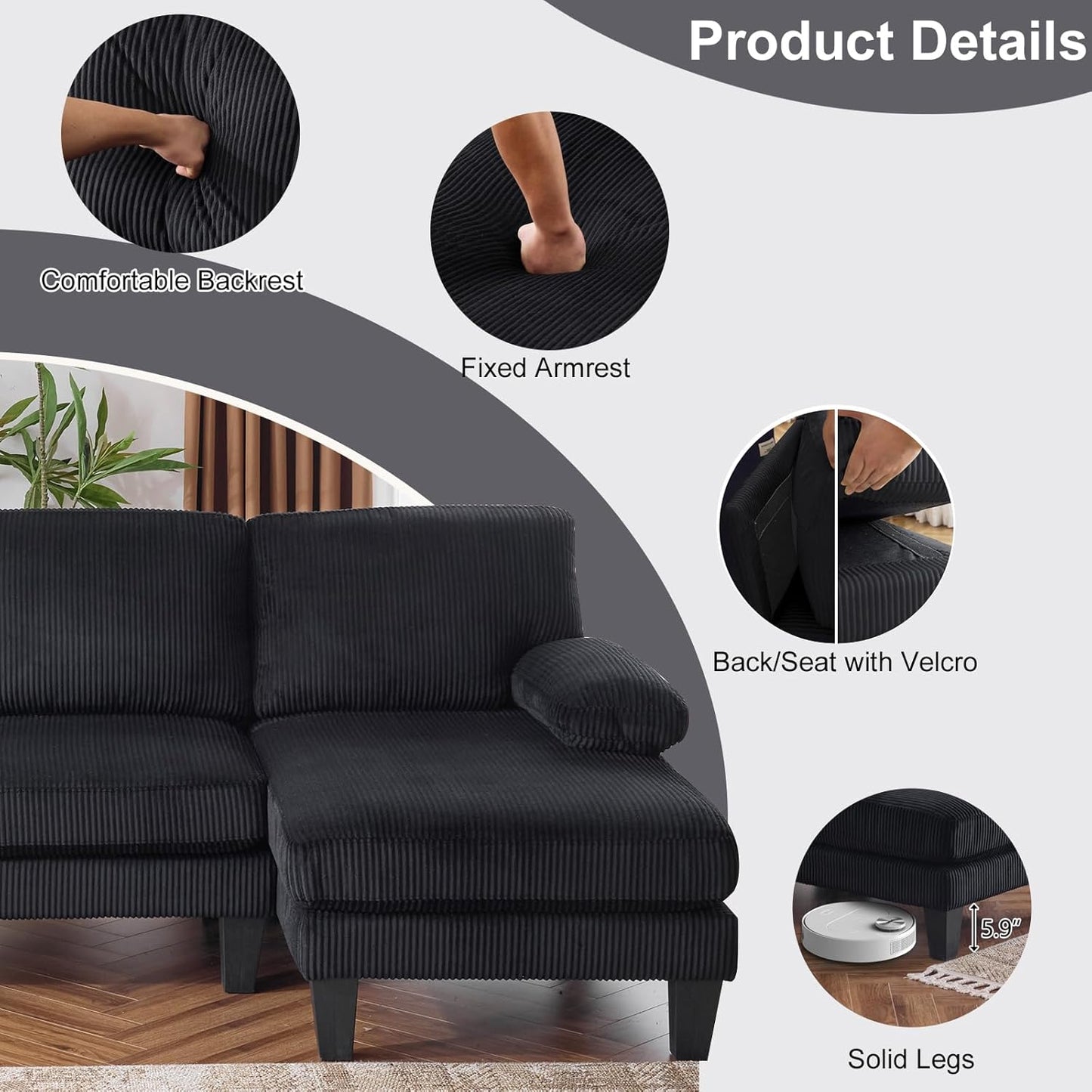 Karl home U-Shape Sectional Sofa Couch 111" Modern 4-Seat Sofa with Chaises Corduroy Fabric Upholstered Covertible Couch with Wood Grain Legs for Living Room, Reception Room, Apartment, Black