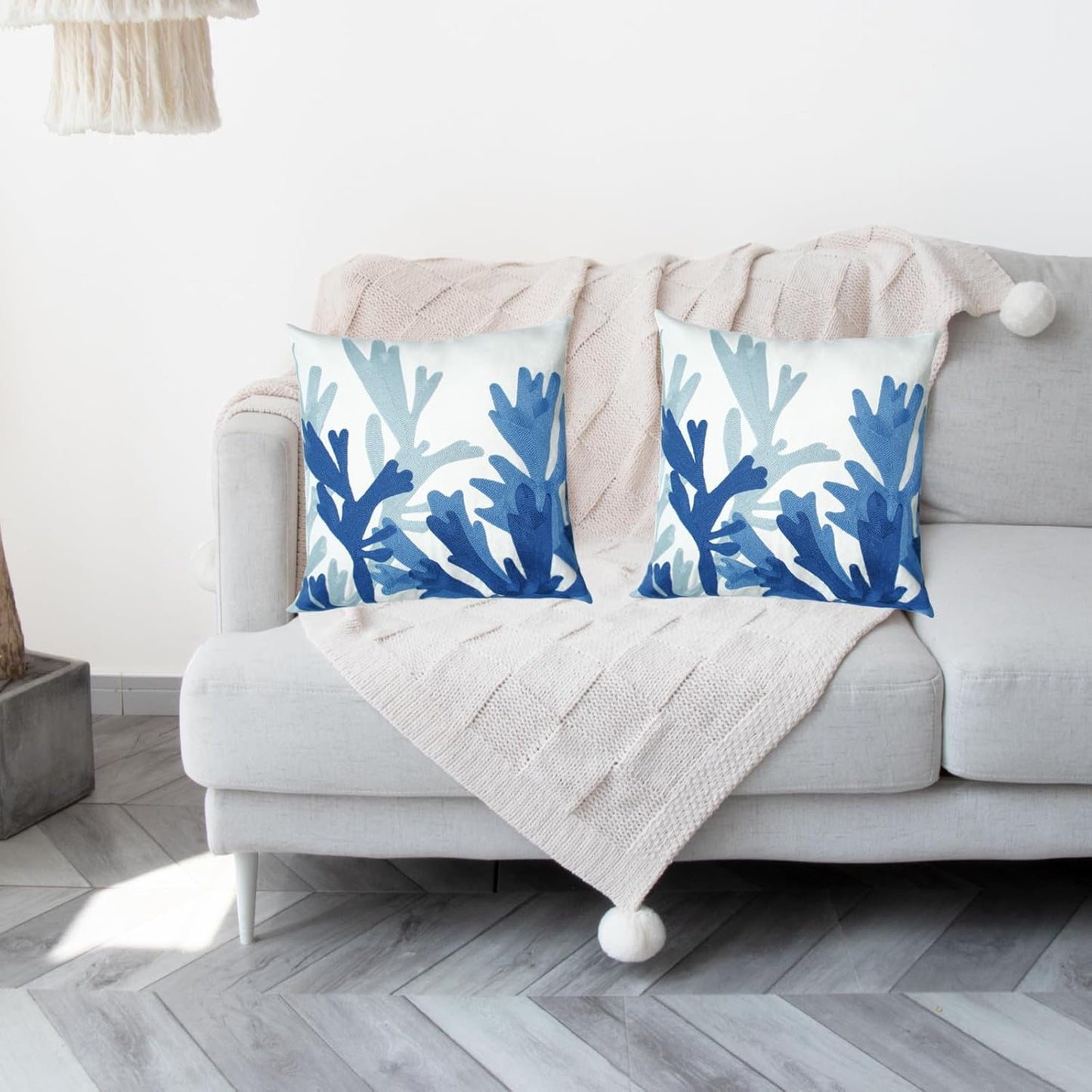 Embroidered Decorative Throw Pillow Cover, 18"x18" Set of 2, Farmhouse Pillowcase Blue Corals Knit Pattern Cotton Canvas Cushion Case Square Floral Pillow Case for Sofa Couch Bed Living Room