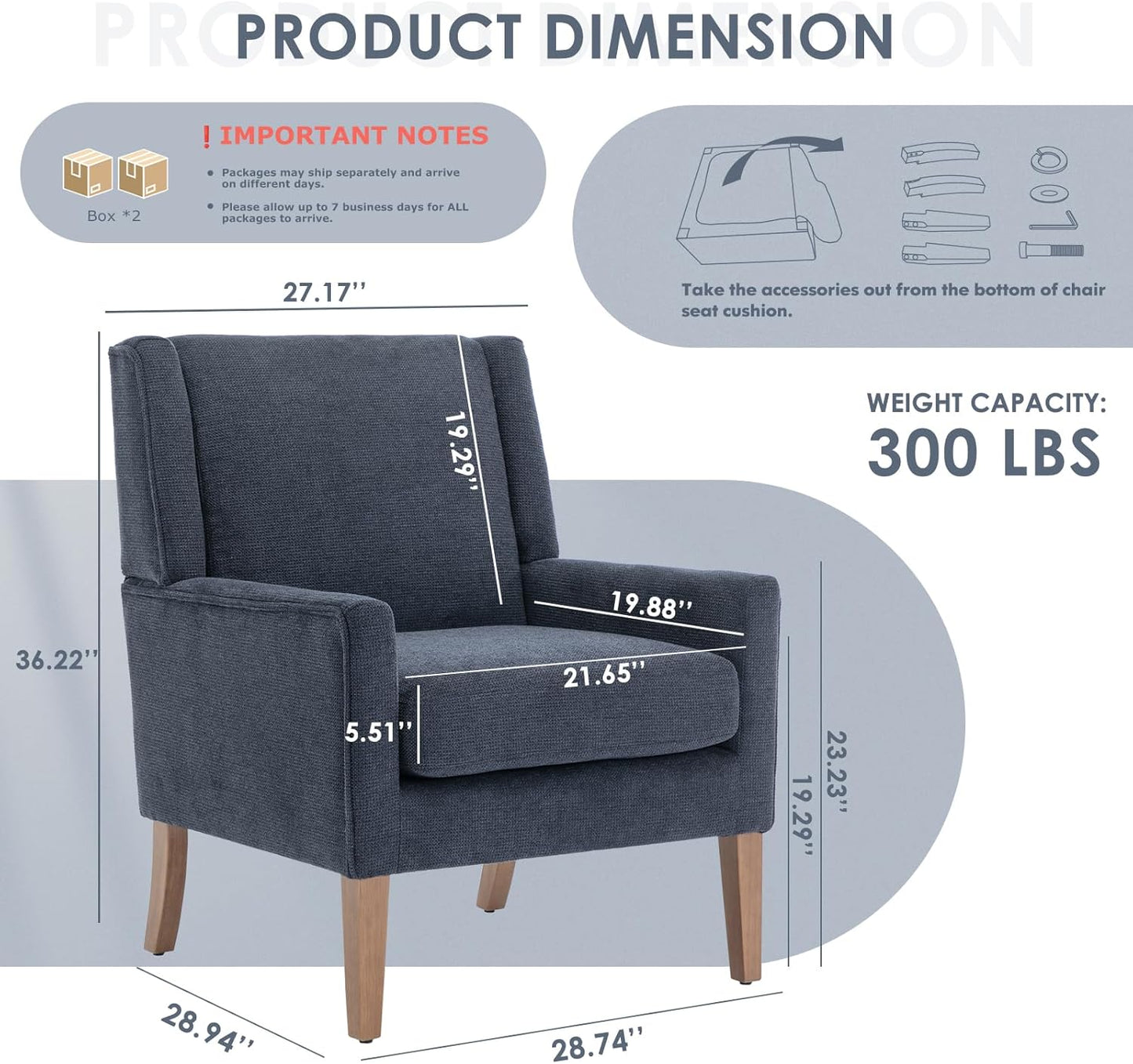 COLAMY Modern Wingback Living Room Chair Set of 2, Upholstered Fabric Accent Armchair, Single Sofa Chair with Lounge Seat and Wood Legs for Bedroom/Office/Reading Spaces, Blue