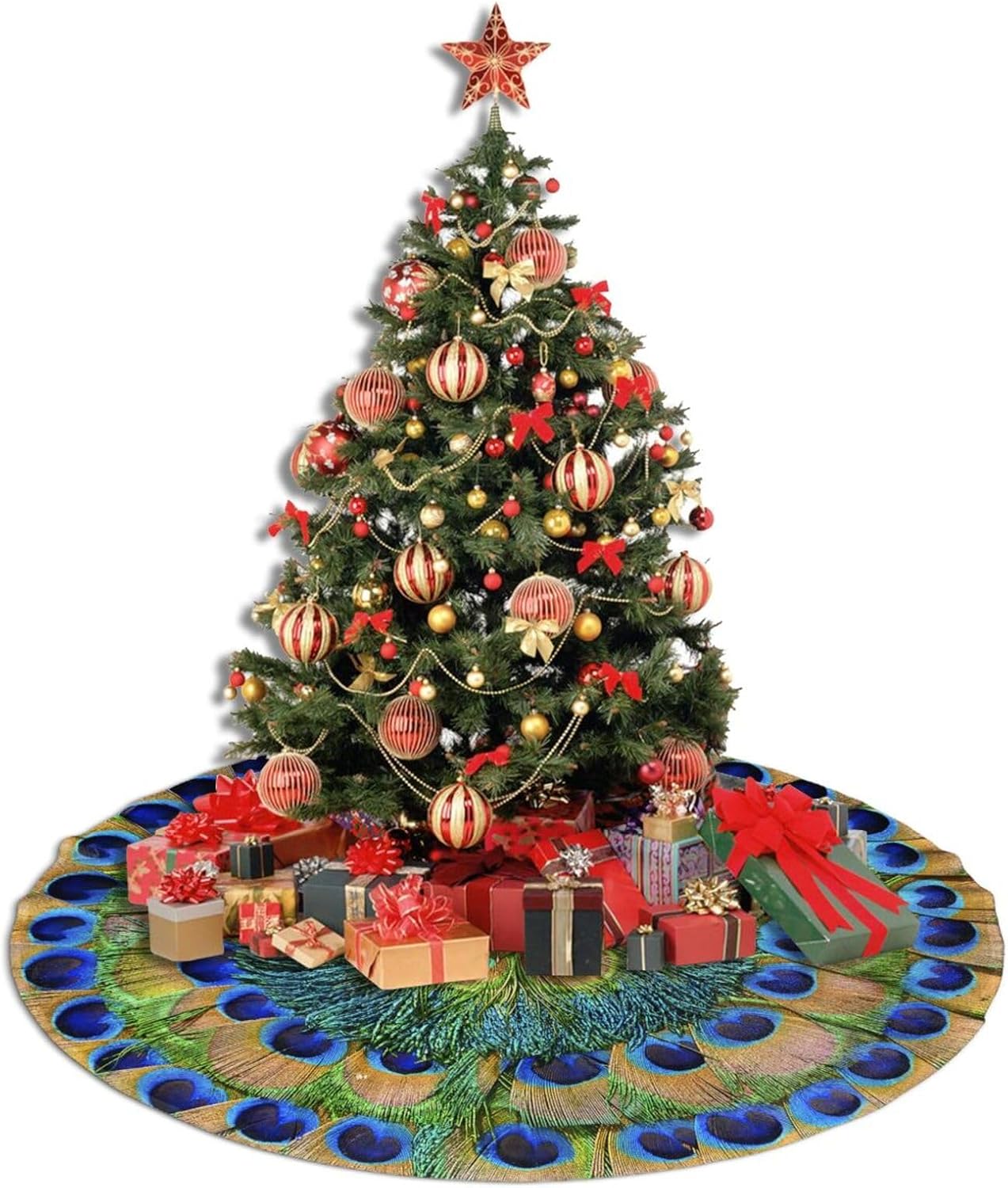 Christmas Tree Skirt,Peacock Feathers Circle Xmas Tree Skirt Rustic Farmhouse Tree Skirt for Christmas Decor Xmas Holiday Home Party Decorations48