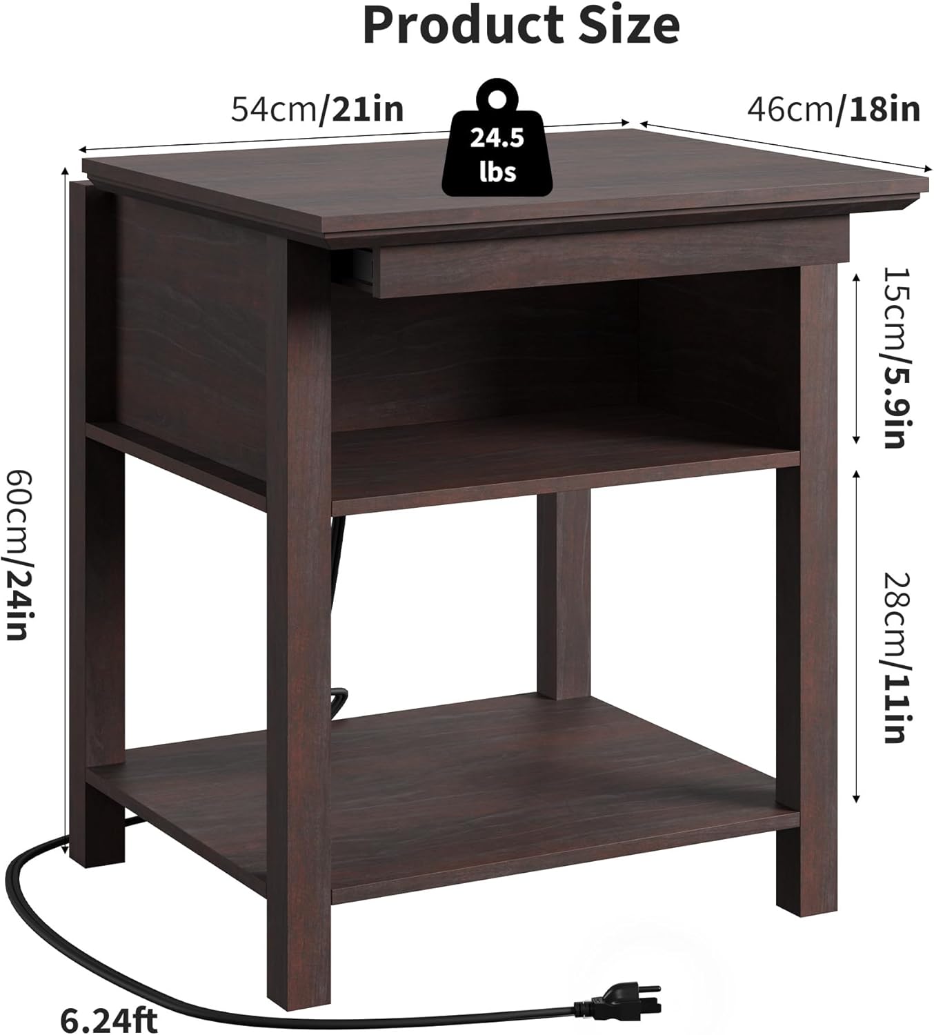 Rresyet Sliding Side Table Set of 2 with Charging Station & 2-Tier Storage,Farmhouse End Table, Wooden Nightstand for Bedroom & Living Room,Cherry