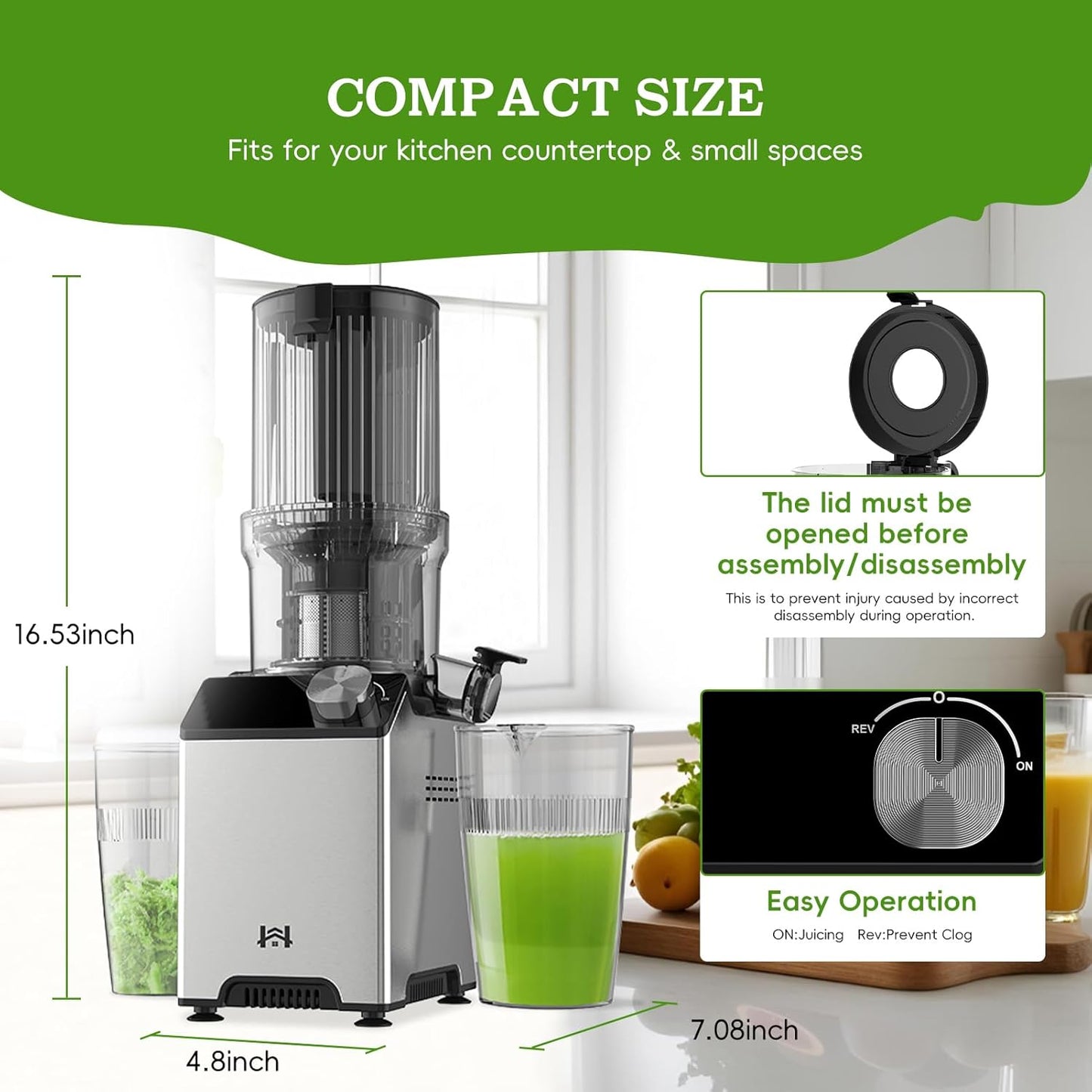 Cold Press Juicer, Juicer Machines with 4.35'' Wide Feed Chute, Stainless Steel Masticating Juicers Easy to Clean, Ergonomic Operational Panel Design, High Juice Yield, Gray Knob