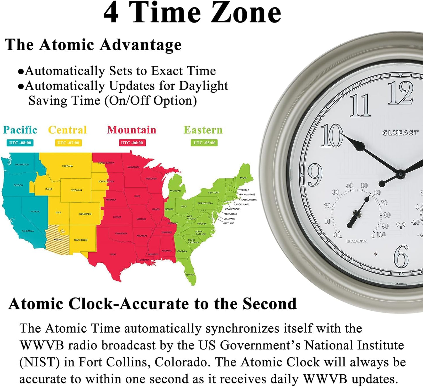 CLXEAST 18 Inch Illuminated Outdoor Indoor Atomic Analog Wall Clock with Temperature & Humidity Combo, Lighted Outdoor Clocks for Patio Large Waterproof with Thermometer, Modern Morning Silver/Gold