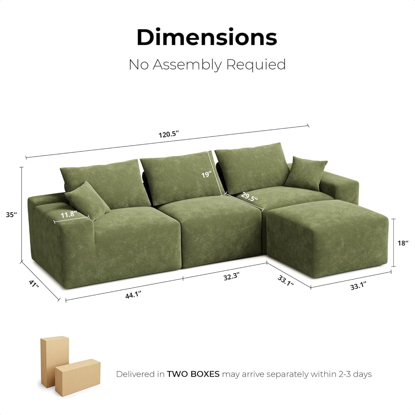 LIKIMIO 120" Modern L-Shaped Modular Sectional Sofa for Living Room, Corduroy Upholstery Green, Oversized 3-Seater Couch with Deep Seat and Movable Ottoman – No Assembly