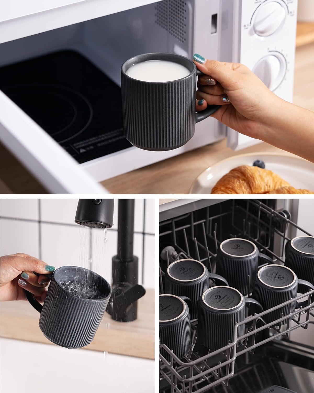 famiware Coffee Mug Set for 6, Star 12 oz Catering Mugs Cup Set with Handle for Coffee, Tea, Cocoa, Milk - Ceramic Stoneware Drinkware Set, Matte Dark Charcoal