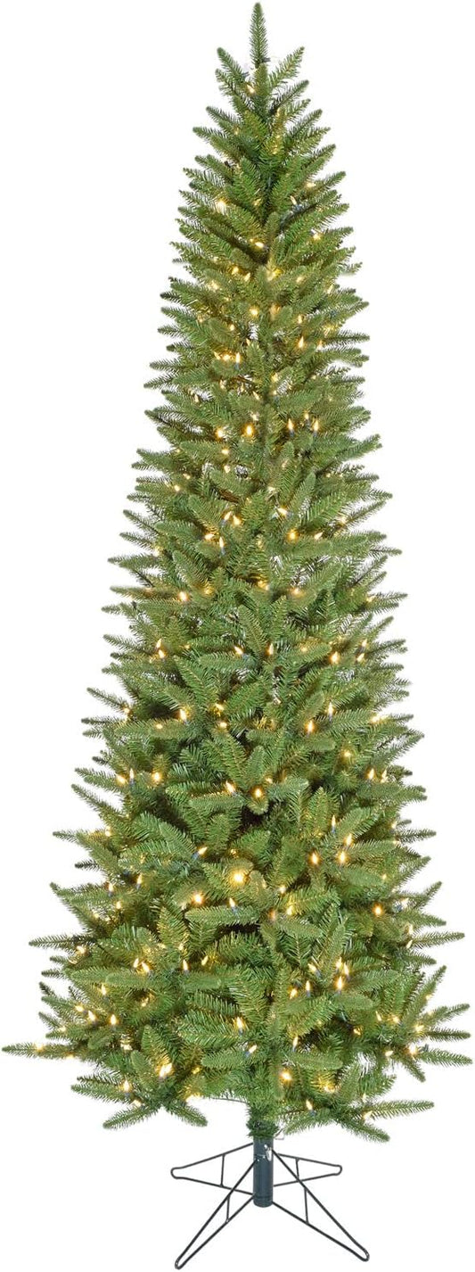 Fraser Hill Farm 9-Ft. Winter Falls Artificial Christmas Tree with Warm White LED Lights and Metal Base, Slim Holiday Tree with 8 Unique Light Functions, Perfect for Small Spaces and Apartments