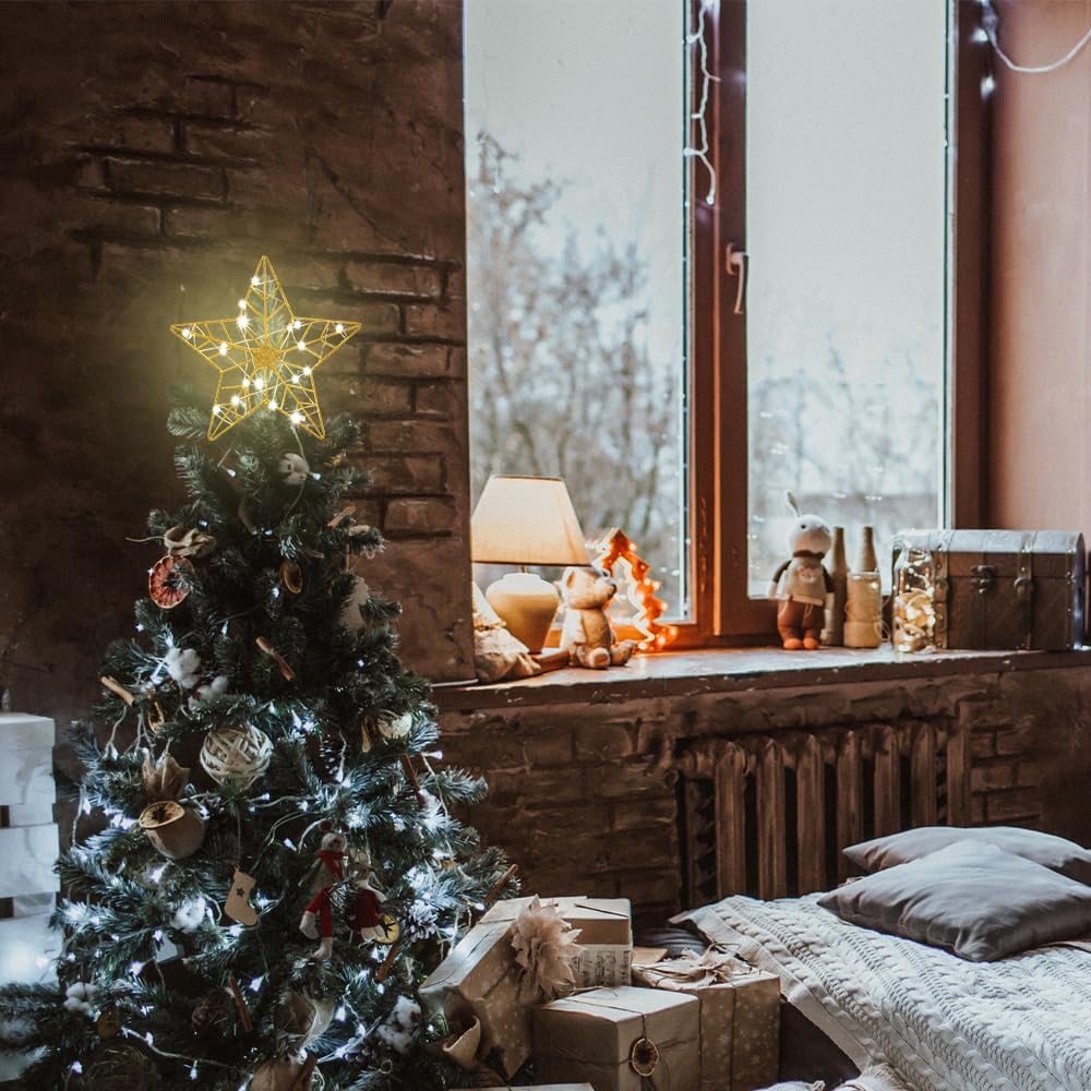 YEAHOME Christmas Tree Topper, Gold Glittered Hollow 5-Point Star Tree Topper for Christmas Tree Decorations, Lighted Wire Star with 20 LED Lights for Christmas Treetop, Xmas Tree Topper with Timer