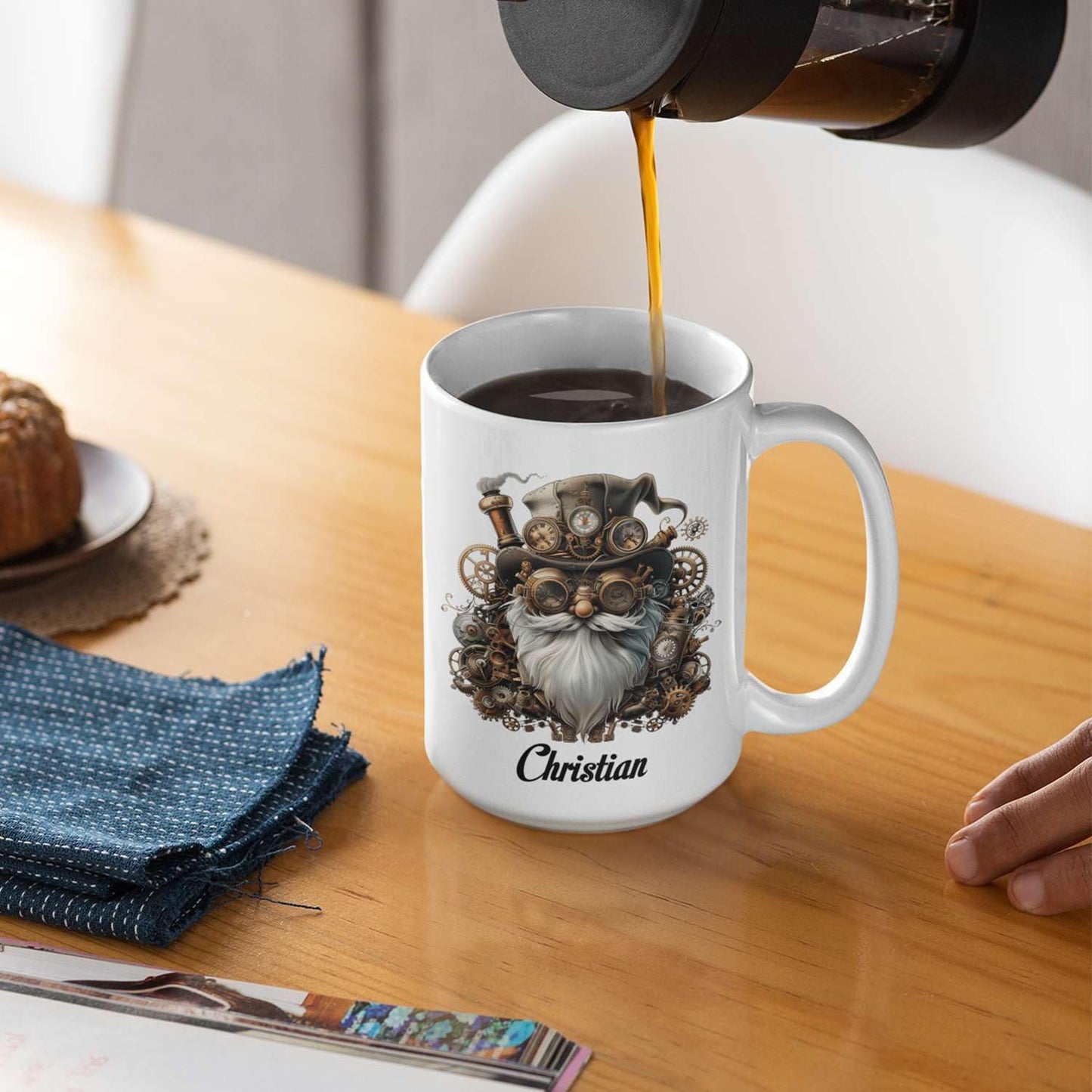 Custom Mechanical Art Mug 15oz, Personalized Steampunk Gnome Coffee Mug, Customized Name Ceramic Cup, Fantasy Enthusiasts Mug, Gnome White Mug With Steampunk Themed, Gift For Men