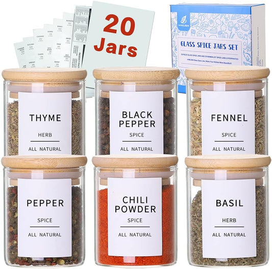 Glass Spice Jars with Bamboo Lids - 20 Pcs Thicken(2.4mm) 6oz Airtight Seasoning Containers with 131 Waterproof Minimalist Spice labels Preprinted - Small herb Jars for Pantry Organization and Storage