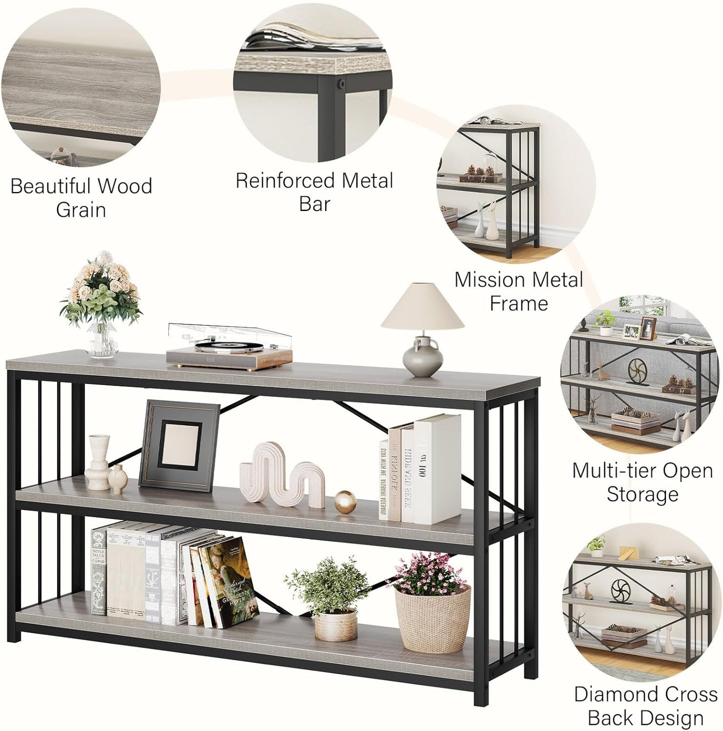 LVB Farmhouse Industrial Console Table, Wood Metal Foyer Entryway Sofa Tables with Storage, 3 Tier Long Rustic Entry Table TV Stand with Shelves for Home Living Room Hallway, Light Grey Oak, 55 Inch