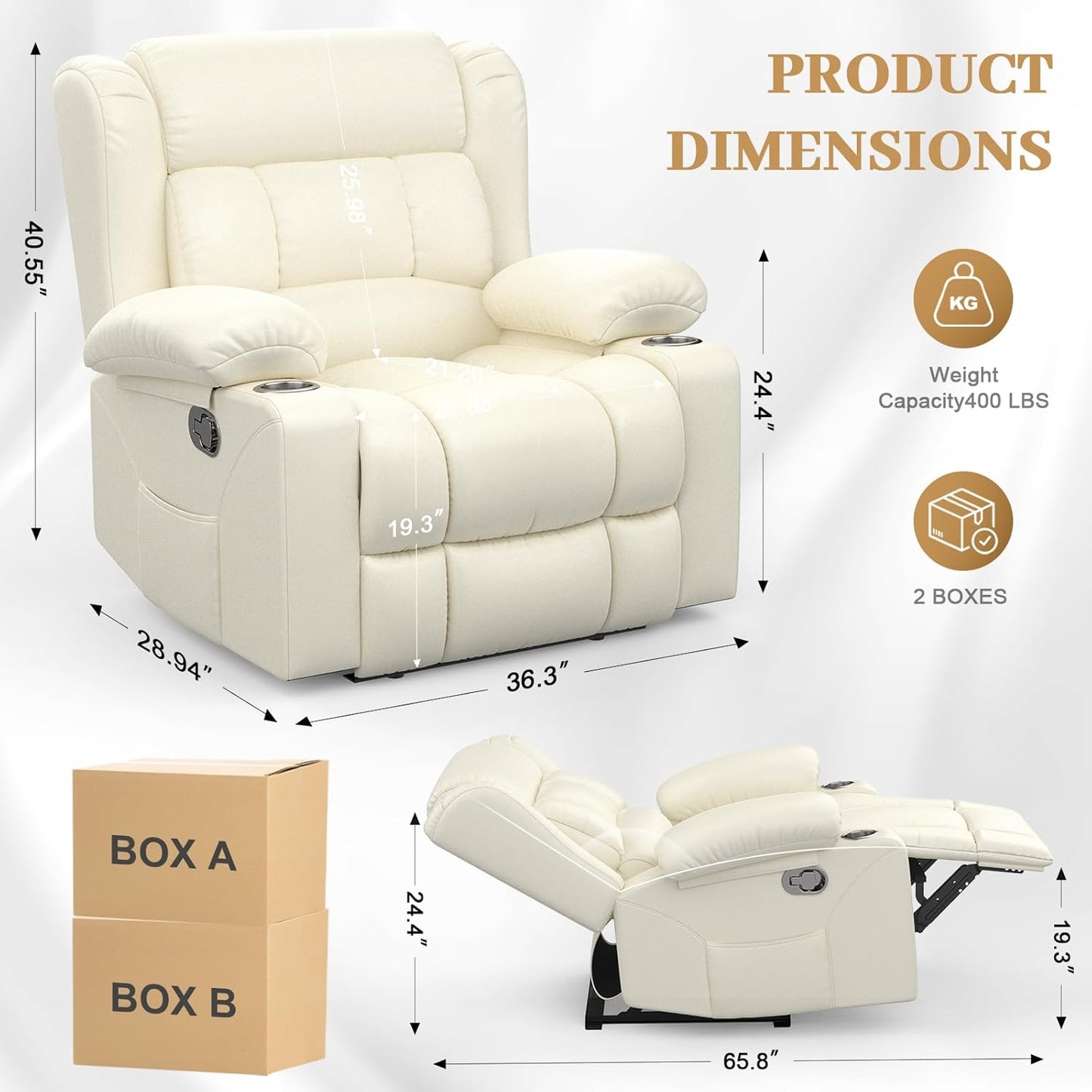 Recliner Chair for Adults, Oversized PU Leather Manual Pull Tab Reclining Chair with Cup Holders, Minimalist Style Single Sofa for Living Room, RV (Ivory White)