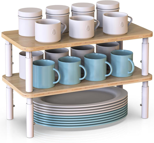 Cabinet Organizer Shelf, Spice Rack Set of 2 Kitchen Pantry Cupboard Shelves, Stackable, Height Adjustable, Natural Bamboo (15.6" W)
